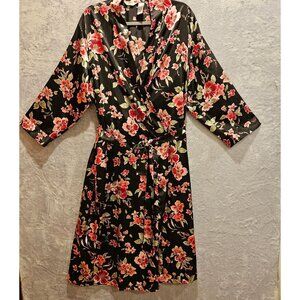 Addona Satin Robe Women XL Floral Black pink red Satin tie sexy hibiscus leisure